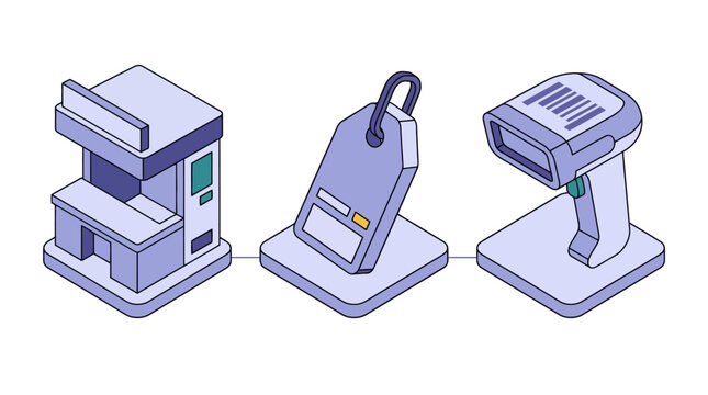 Elegant Isometric of Server Laptop and Printer Connected by Lines in Soft Purple and Blue Tones