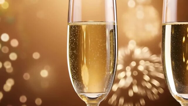 Champagne flutes with rising bubbles and golden fireworks bokeh celebration background 60 FPS