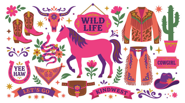 Western cowgirl aesthetic elements in pink and purple for country music and rodeo events.