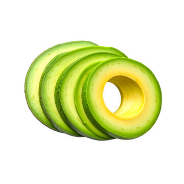 Fresh green avocado slices arranged in a neat row featuring bright yellow centers and soft textures on transparent background