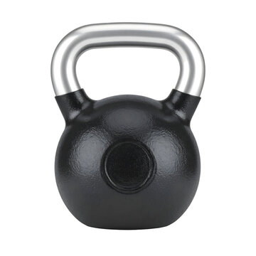 Kettlebell gym equipment made of heavy black iron with a polished steel handle isolated on transparent background