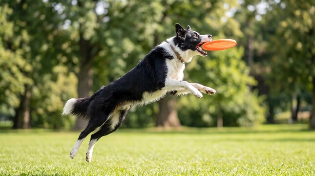 Border collie dog jumping to catch an orange plastic frisbee in a park