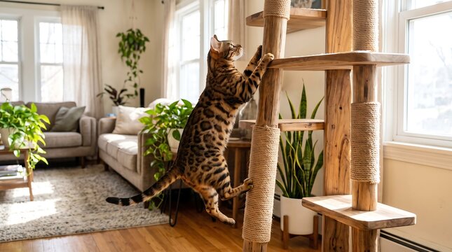 Bengal cat climbing a tall wooden tree in a bright sunny living room