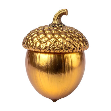 Golden acorn nut isolated as a shiny metallic autumn symbol for seasonal decoration design projects on transparent background