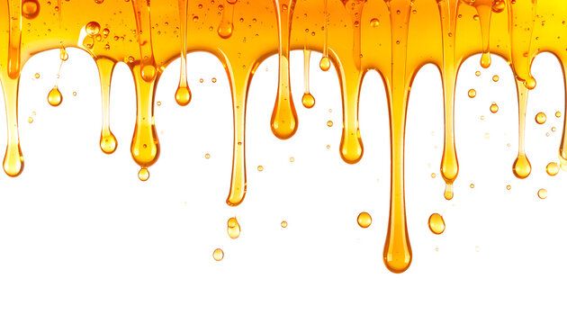 Honey drips flowing down with thick golden liquid syrup texture creating a sweet sticky border design on transparent background