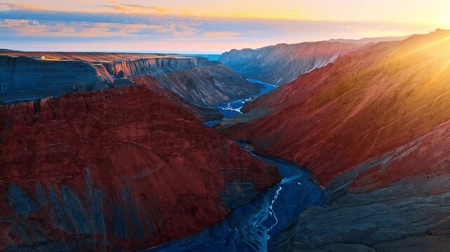 Golden sunlight illuminates the red rock walls and winding riverbed of Anjihai Grand Canyon in Xinjiang at sunrise.