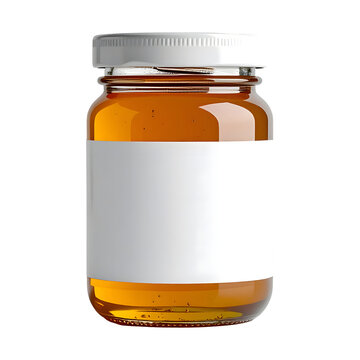 Honey glass jar with white cap and blank label for branding design isolated mockup object on transparent background