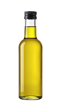 Olive oil bottle filled with golden liquid and a black screw cap standing vertically isolated on transparent background
