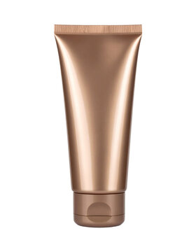 Cosmetic tube container made of shiny metallic bronze plastic for beauty skincare products isolated on transparent background