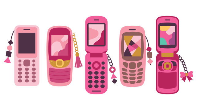 Collection of pink mobile phones in various styles including flip and classic keypad models.