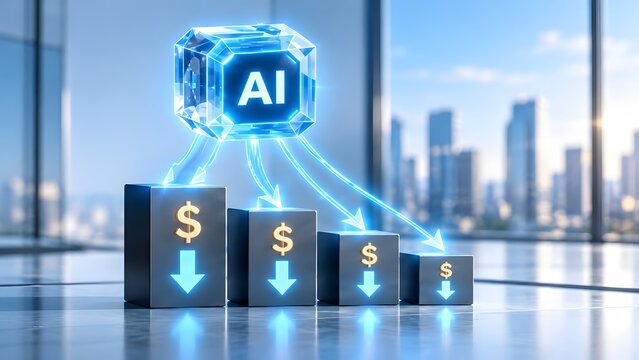 Artificial intelligence cost reduction concept with glowing AI cube and descending dollar bar chart in modern office