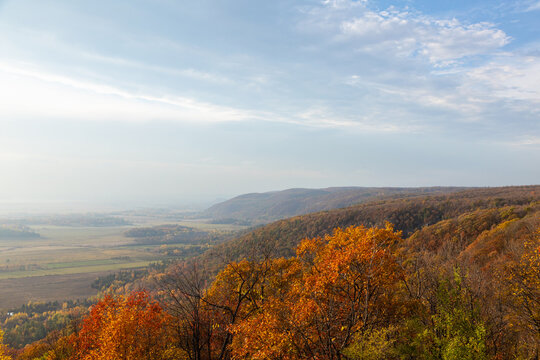 Autumn trees on mountain slope overlook. Fall foliage covering rolling hills under blue sky. Champlain Lookout in Gatineau Park, Canada