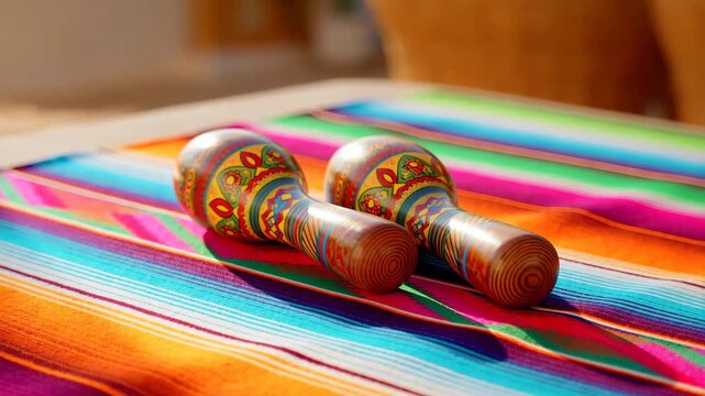 Close up of two painted wooden maracas on colorful striped textile with soft rack focus 60 FPS