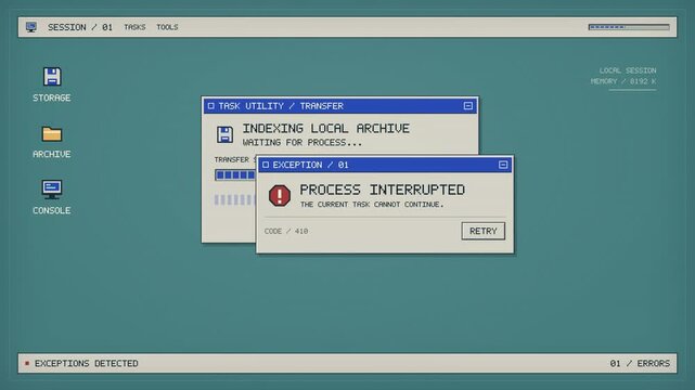 Retro Computer Screen Displays System Overload and Recovery Mode with Pixelated Graphics and Error Messages