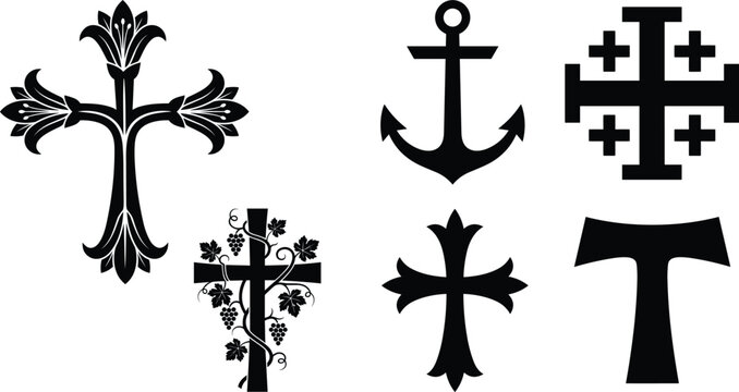 Black and white Christian cross silhouette icons set featuring ornate crucifix grape vine cross mariner anchor Jerusalem cross and Tau cross