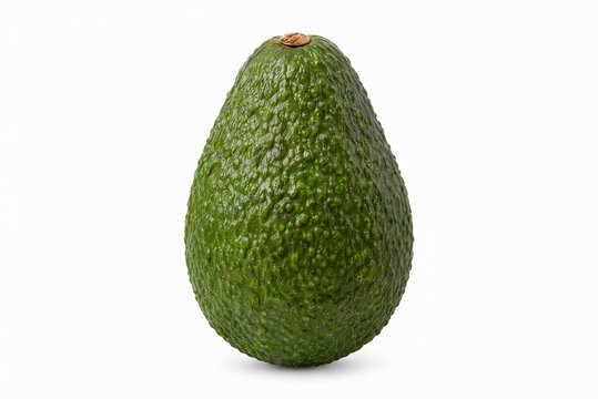 Whole Avocado: A single, ripe avocado with its characteristic bumpy green skin sits isolated on a clean white background, highlighting its natural texture and form.