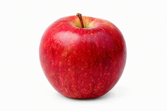 Red Apple on White: A single, vibrant red apple with subtle yellow and green undertones rests on a clean white background, showcasing its fresh, flawless surface.