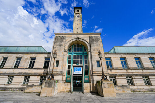 Main facade and clock tower of SeaCity Museum in Southampton, England