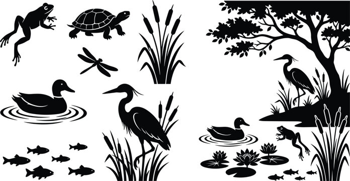 Black and white pond wildlife silhouette icons set featuring frog turtle dragonfly duck heron fish cattails and water lilies landscape scenes