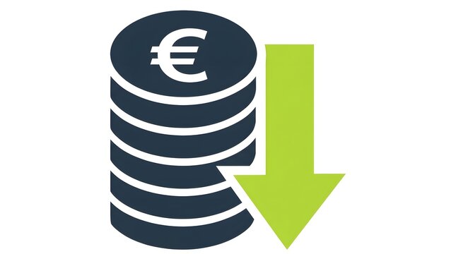 Euro Coin Stack with Green Arrow Downward Vector Icon for Financial Loss Price Drop and Cost Reduction Concept