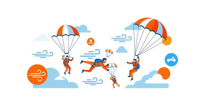 Flat vector illustration of skydivers and parachutists in blue and orange.