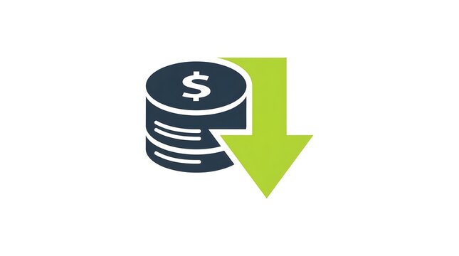 US Dollar Coin Stack with Green Downward Arrow Vector Icon for Price Drop Cost Reduction and Financial Decrease Concept