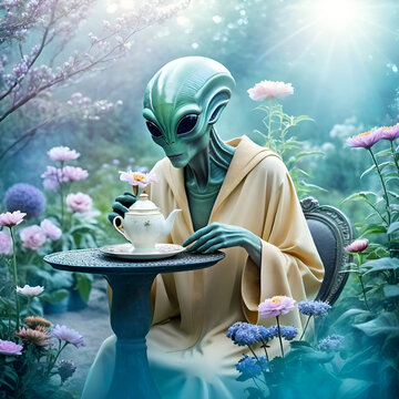 blue alien drinking  tea in garden  around blossoming flowers. close up. Digital artwork.  Ai generated