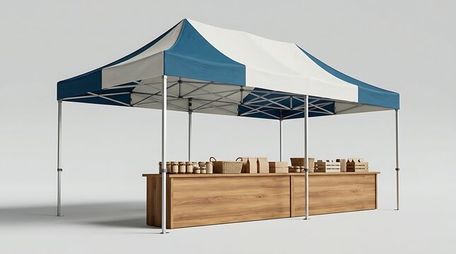 Professional blue and white foldable outdoor event canopy with wooden vendor table for street market trade shows