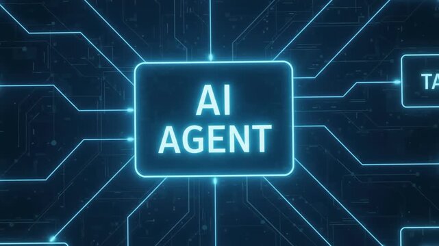 Flowchart network diagram showing central AI agent connected to multiple distributed task nodes