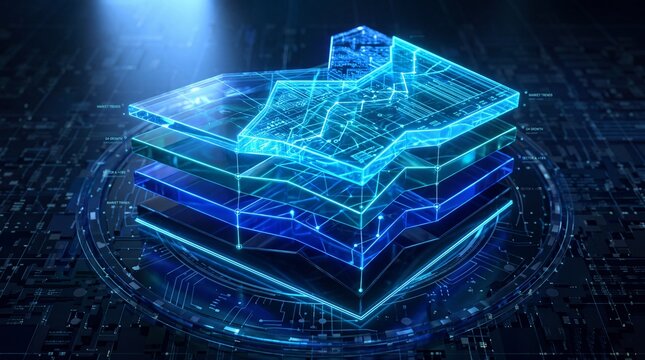 Futuristic Layered 3D Map and Digital Data Analytics