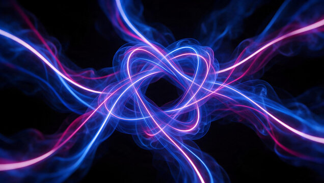 Glowing Quantum Atom Energy Trails on Black Background