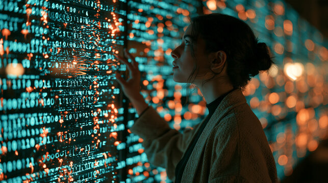 Woman Interacting with Glowing Digital Binary Data Screen