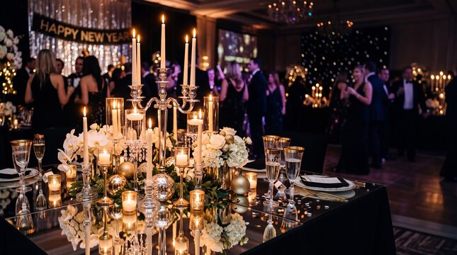 Luxury New Year Eve Banquet with Elegant Candlelit Table Setting