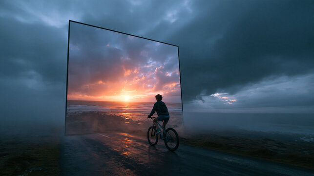 Cyclist Riding Toward Portal with Sunset Beach View
