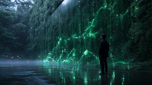 Businessman Looking at Glowing Digital Green Living Wall
