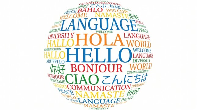 A colorful word cloud in the shape of a sphere displays international greetings and terms.