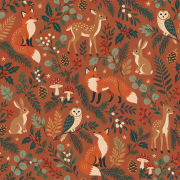 Woodland Christmas seamless pattern featuring cute forest animals and foliage