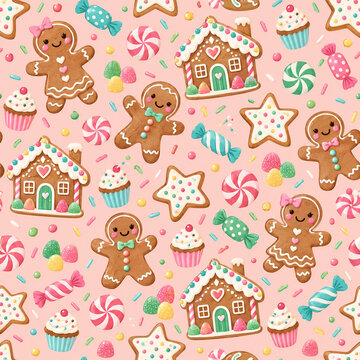 Sweet gingerbread Christmas seamless tile with cookies and candies on pink