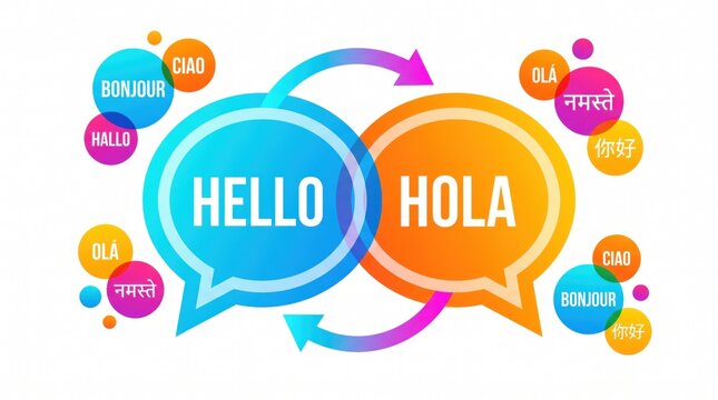 Two overlapping speech bubbles display the words hello and hola in a colorful graphic.