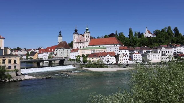 River mouth of the Steyr into the Enns with B&uuml;rgerspitalskirche and Michaelerkirche, Steyr, Upper Austria, Austria