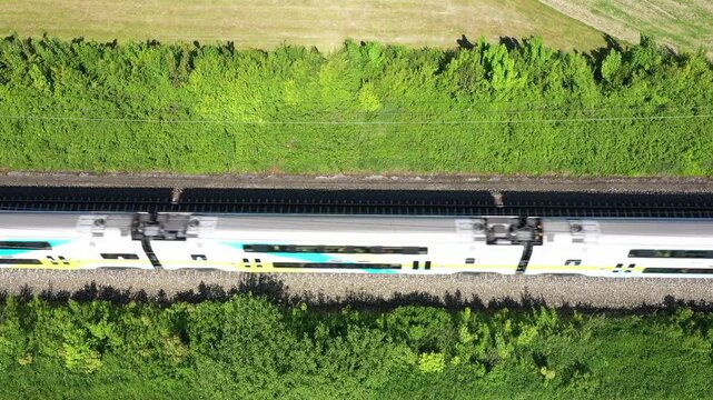 Aerial view of a passenger train, western railway line near Stra&szlig;walchen, Salzburg, Austria