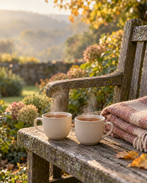 Two steaming mugs of tea on a rustic wooden garden bench in autumn