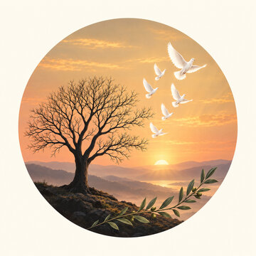 Peaceful sunrise landscape with bare tree, olive branch, and flock of white doves
