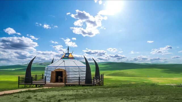 Traditional Mongolian ger yurt with decorative horn-shaped supports on a vast green steppe under bright blue sky with scattered clouds