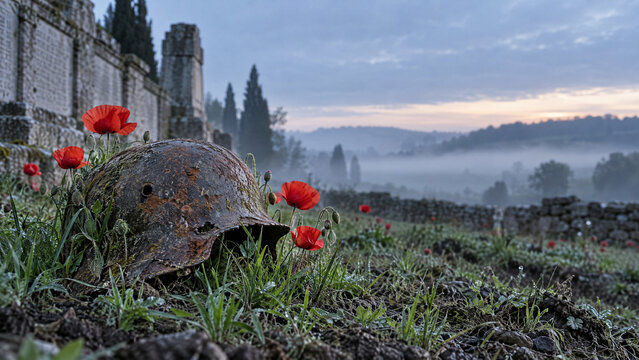 Rusted military helmet with red poppy flowers on battlefield at dawn