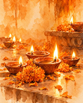 Watercolor painting of glowing earthen diyas and marigold flowers