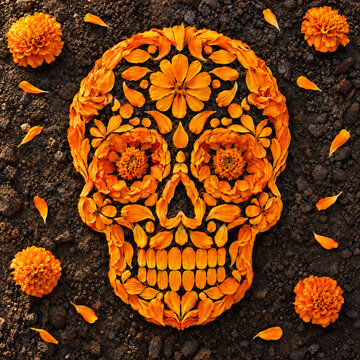 Calavera skull art made of fresh orange marigold flowers on soil