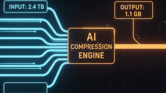Flowchart infographic showing AI compression engine reducing large multi terabyte data input