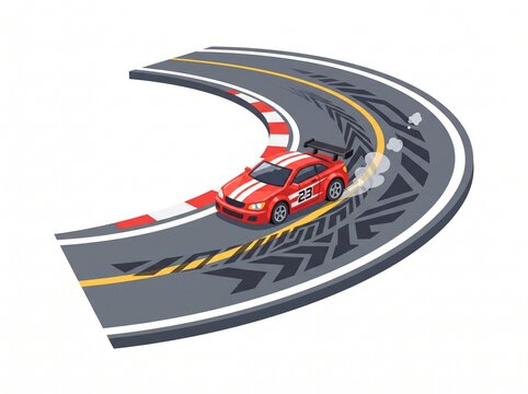 Red sports car drifting on a curved asphalt race track.