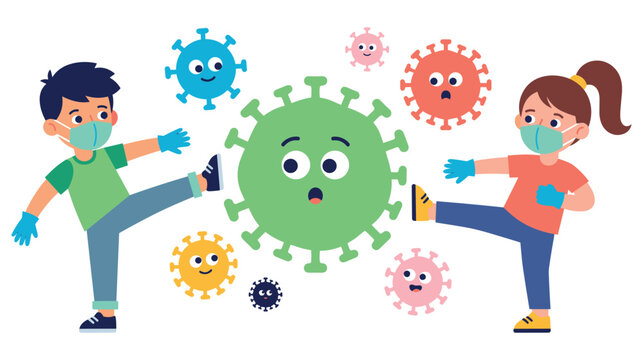 Children wearing face masks and gloves kicking cartoon virus cells in health safety scene.